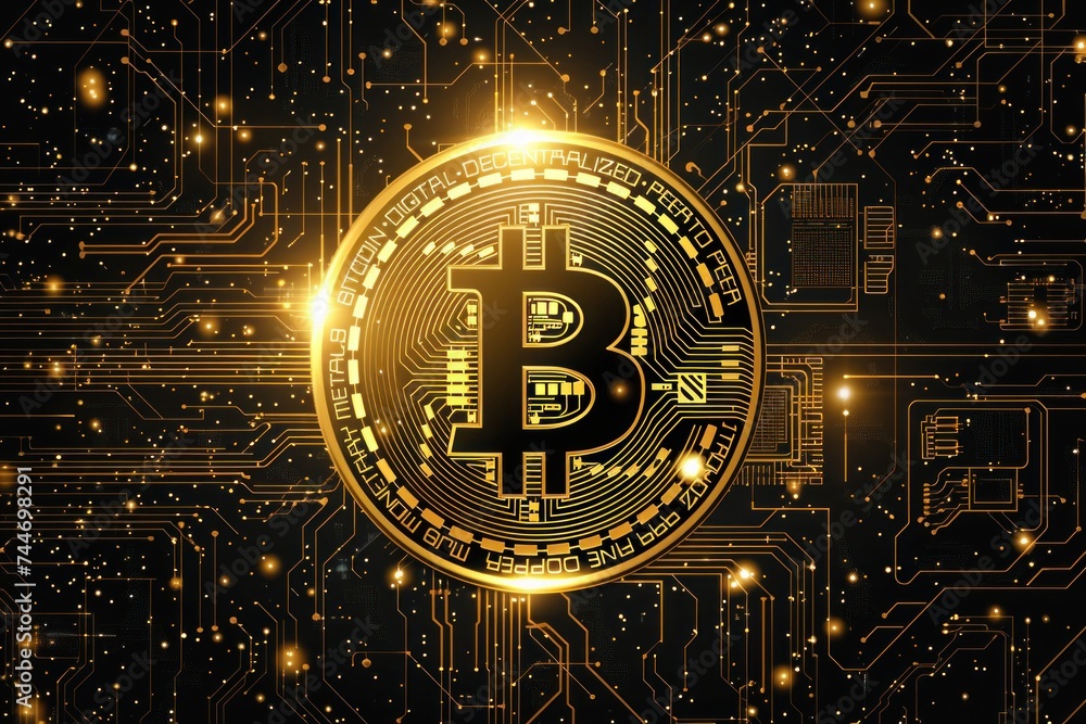 Aufkleber a detailed 3d rendering of a luminous gold bitcoin amidst intricate circuit board patterns, symboliz