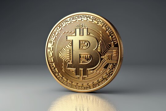 A reflective golden Bitcoin coin stands out against a muted gray background, with a notable sheen on the surface beneath it.