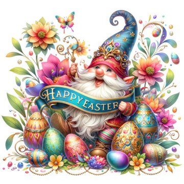 Easter Gnome is surrounded by eggs and flowers, Colorful easter eggs, and a lush assortment of spring flowers, Adorable watercolor illustrations.
