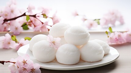 Savor the essence of Japan with traditional mochi adorned with delicate sakura blossoms, offering a harmonious blend of sweet flavors and cultural elegance in every delightful bite.