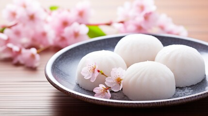 Obraz na płótnie Canvas Experience the symbolic arrival of spring with traditional Japanese mochi adorned with sakura blossoms, capturing the essence of the season in every delightful bite.