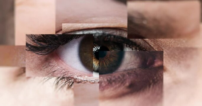 Closeup of deconstructed human eyes puzzle from people around the world looking at the camera - different multicultural human eyes - diversity inclusion and equality concept - infinity loop