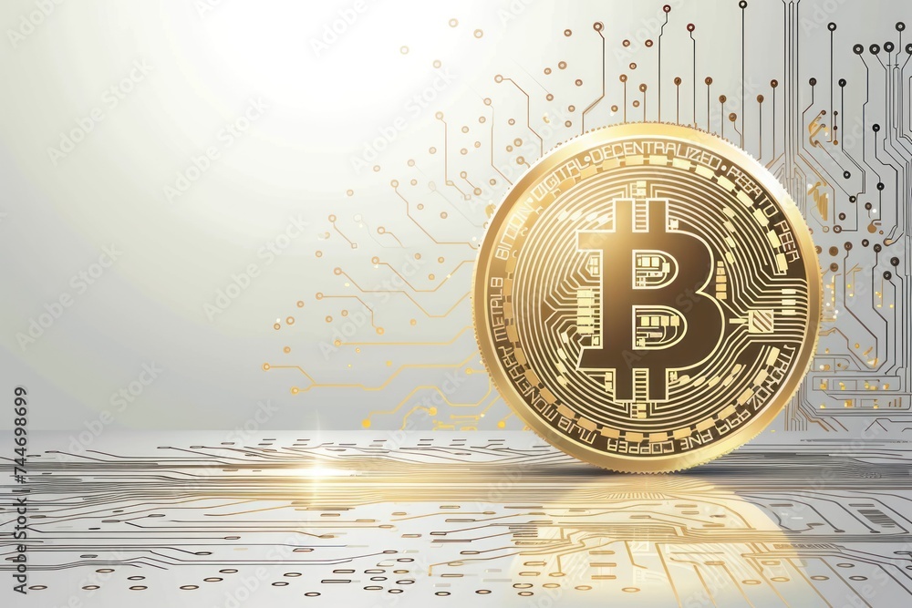 Poster a golden bitcoin coin superimposed on a complex circuit board design, depicting the synergy of crypt