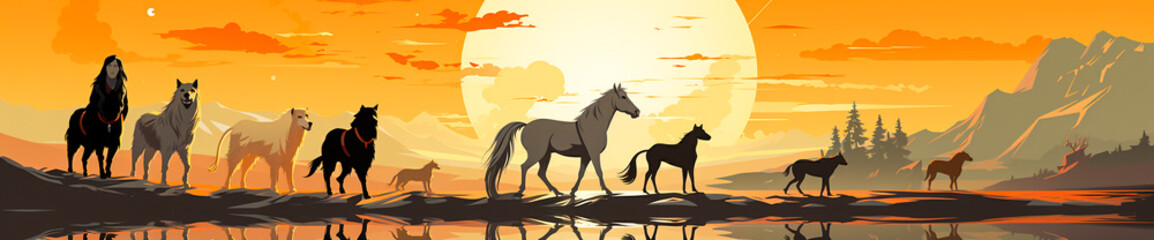Fototapeta na wymiar Beautiful illustrations depicting serene Indian scenes. The artwork includes many horses and dogs. Conveys a feeling of calm and tranquility. Great for animal lovers