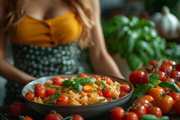 Obraz na płótnie Canvas A vibrant and nourishing dish of locally-sourced cherry and plum tomatoes, fresh basil, and whole wheat pasta, showcasing the beauty and benefits of natural, plant-based foods for a woman's health an