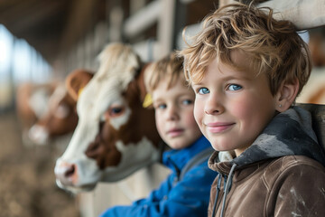 children watching lots of cows in industrial barn cow on farm organic concept