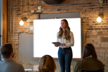 A confident female professional stands presenting to colleagues in a well-lit modern office space in front of empty white board.   Png background White Board. 