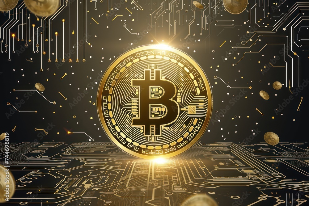 Aufkleber a detailed 3d rendering of a luminous gold bitcoin amidst intricate circuit board patterns, symboliz