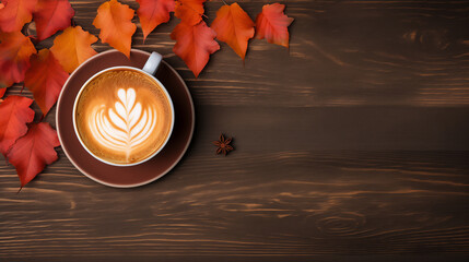 Elegant Cup of Cappuccino with Heart Latte Art and Autumn Maple Leaves