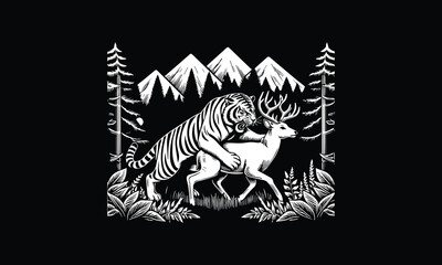 illustration of a tiger, deer, trees grass, forest logo design, adventure logo 