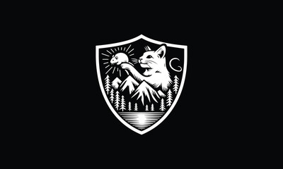 shield with cat, mouse, river, logo design, bobcat logo design 