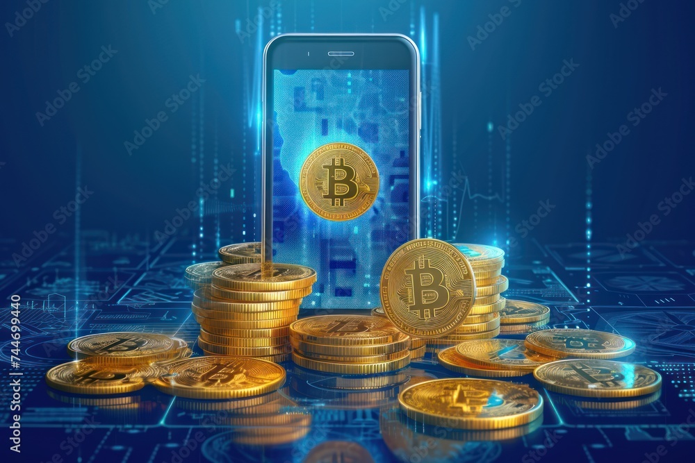 Poster a striking image of a smartphone displaying a bitcoin graphic with a pile of bitcoins against a digi
