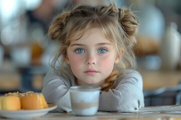 A young girl with bright blue eyes and playful pigtails sits at a table, her chubby toddler hands delicately holding a cup of sweet dessert as she eagerly awaits her morning snack