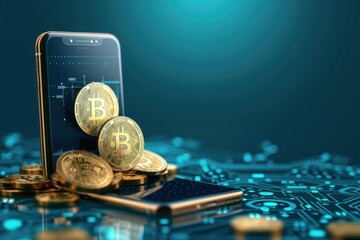 a smartphone with a Bitcoin trading chart on the screen, surrounded by a pile of physical Bitcoin coins on a glowing blue background.