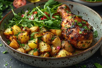 Savor the rich flavors of this hearty bowl of cuisine, featuring succulent chicken leg and crispy potatoes, accented by vibrant root and leaf vegetables and topped with a zesty gremolata, perfect for