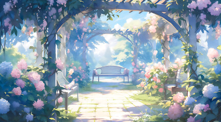 Beautiful anime garden, pastel color illustration