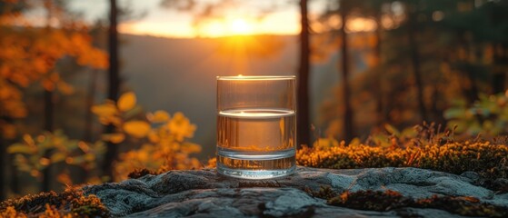 Sunset Serenity, Glass of Water in Nature, A Moment of Peace, Nature's Reflection.