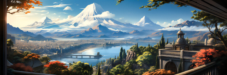 Fantasy anime background, town with a river, illustration - obrazy, fototapety, plakaty