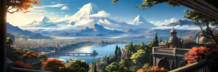 Foto auf Alu-Dibond Feenwald Fantasy anime background, town with a river, illustration