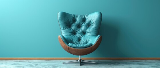 Turquoise Accent Chair, Modern Blue Wall and Chair, Contemporary Living Room with Teal Chair, Vibrant Blue Wall and Leather Chair.