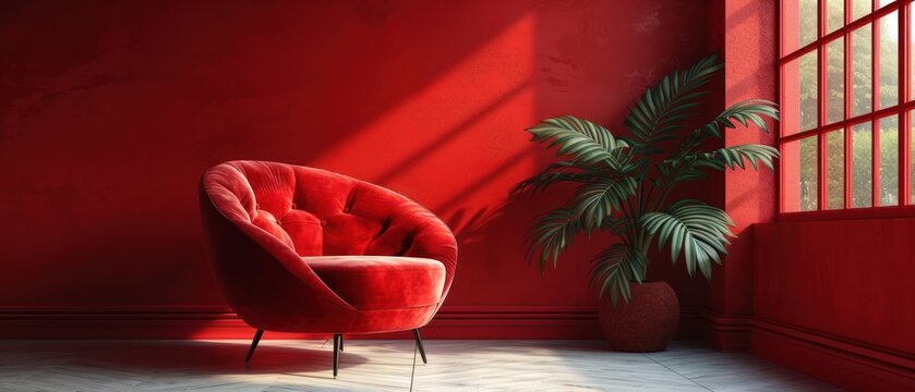 Red Wall and Furniture, A Red Room with a Chair, The Red Room with a Plant, The Red Interior Design.  generative ai
