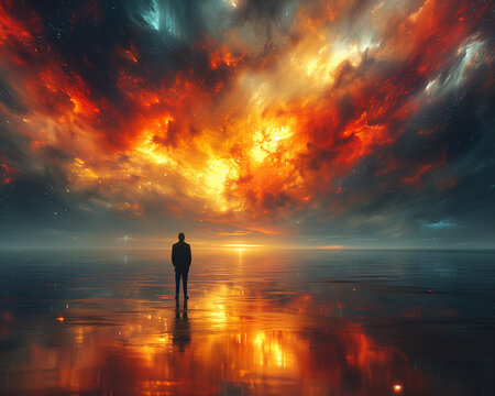 Contemplative silhouette: figure before cosmic sunset