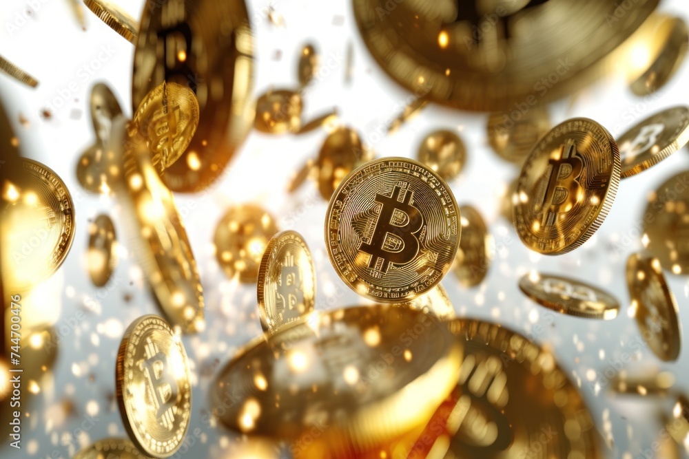 Aufkleber multiple bitcoin tokens with a bright glow representing the surge in cryptocurrency popularity and i