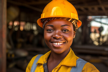 A portrait of a proud, strong, and skilled female African American construction worker wearing a hard hat. Showcasing toughness and professional competence in her field