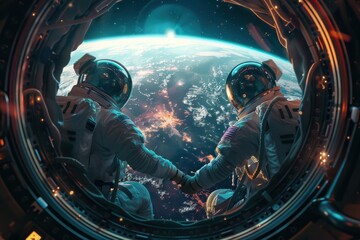 Astronauts Observing Earth from a Spacecraft. Two astronauts in golden helmets observing Earth from a spacecraft with vibrant celestial bodies in view. - obrazy, fototapety, plakaty