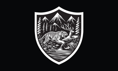 Shield with tiger, deer, mountain, forest, river, water, trees, logo, logo design 