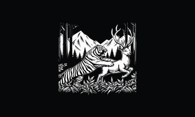 Design, mountain, trees, grass, tiger, hunting, deer, logo, logo design 