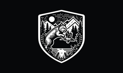 Bobcat, bobcat design logo, bobcat hunting Bird, forest, mountain, moon 