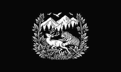 Tiger hunting deer in forest, forest, mountain, bird flying, trees, tiger, deer logo design 