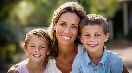 Obraz premium Family Portrait Smiling 35YearOld Woman with Kids