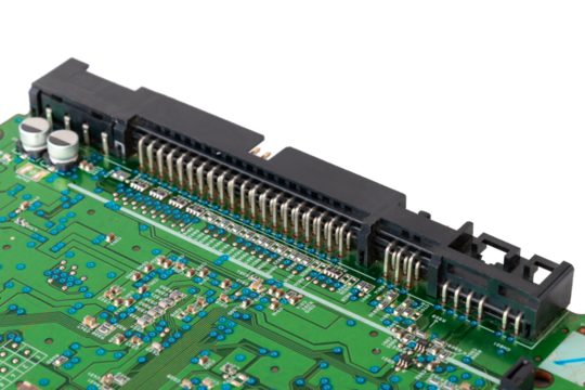 CD-ROM drive motherboard with green print and chip, close-up
