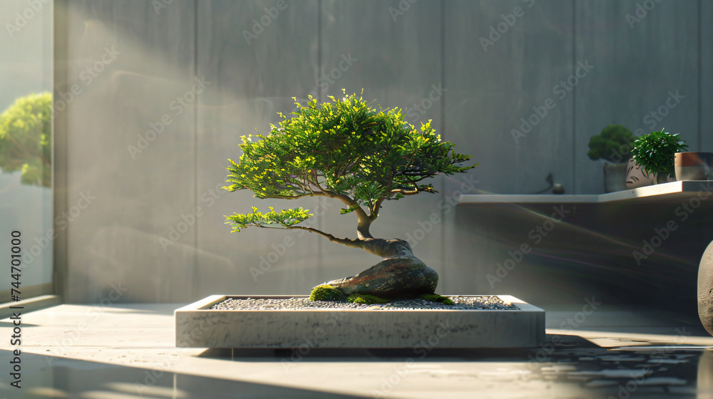 Poster juniper bonsai tree in a minimalist setting.