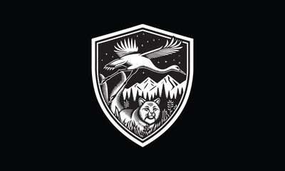 shield with cran, bird, bobcat, mountain, forest, trees 