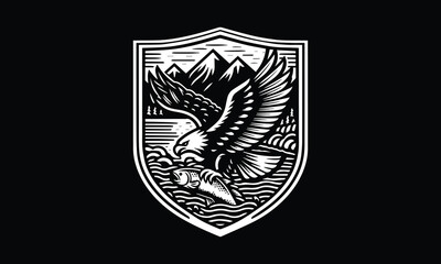 coat of arms with a shield, eagle fish logo design, mountain, river, eagle, fish, eagle flying 