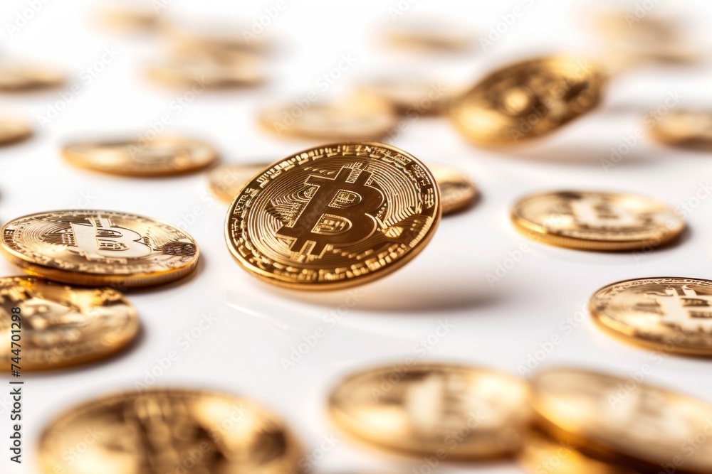 Poster crisp image of a central bitcoin in focus with a backdrop of numerous coins falling like rain, symbo