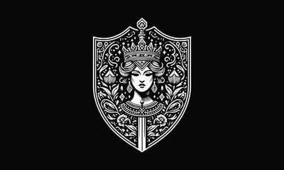 shield with wings, queen, sword, crown logo design 