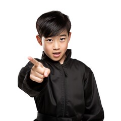 Surprised Asian Boy, 14, Pointing at Copy Space in Black Tracksuit
