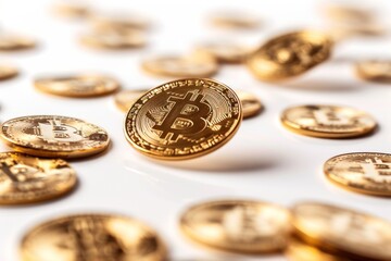 Crisp image of a central Bitcoin in focus with a backdrop of numerous coins falling like rain, symbolizing cryptocurrency abundance.
