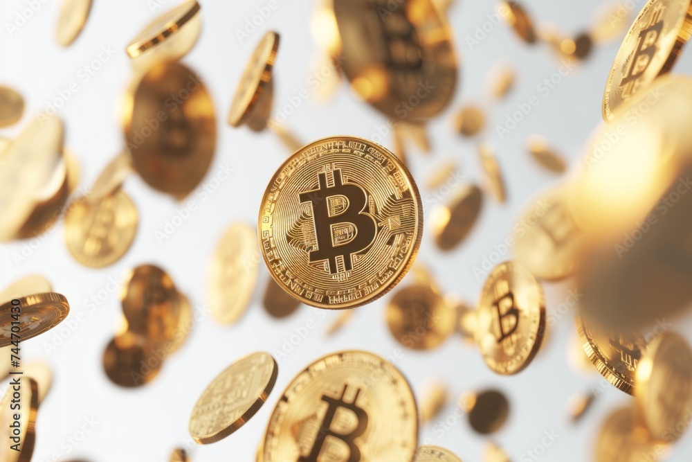 Poster crisp image of a central bitcoin in focus with a backdrop of numerous coins falling like rain, symbo