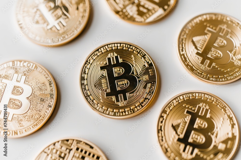 Poster an array of golden bitcoin tokens neatly laid out on a light-colored surface, symbolizing organizati