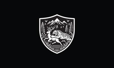 shield with tiger, deer, hunting, mountain, forest, trees, animal logo design 