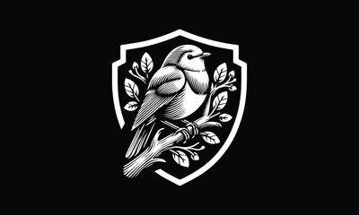Shield with robin logo design, robin, bird, leaves bunch of tree logo 