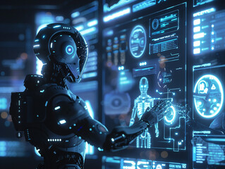 Futuristic robot interacting with digital interfaces a symbol of the seamless integration of automation in daily life