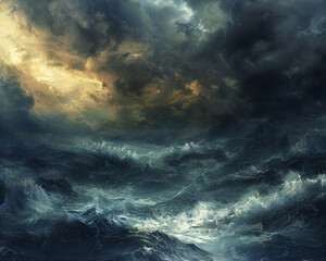 Storm clouds over a turbulent sea metaphor for a troubled mind caught in the storm of nightmares and negative emotions