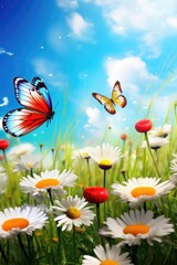 Fototapeta na wymiar Beautiful summer or spring meadow with blue flowers of forget-me-nots and two flying butterflies. Wild nature landscape.