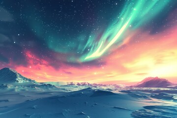  Aurora Borealis with a galaxy backdrop visible from a snowy landscape showcasing natures cosmic dance